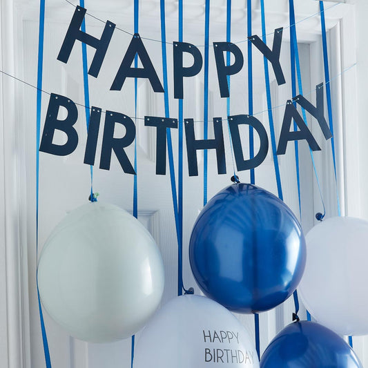 Decoración de cumpleaños de Ginger ray con globos azules y guirnaldas.
