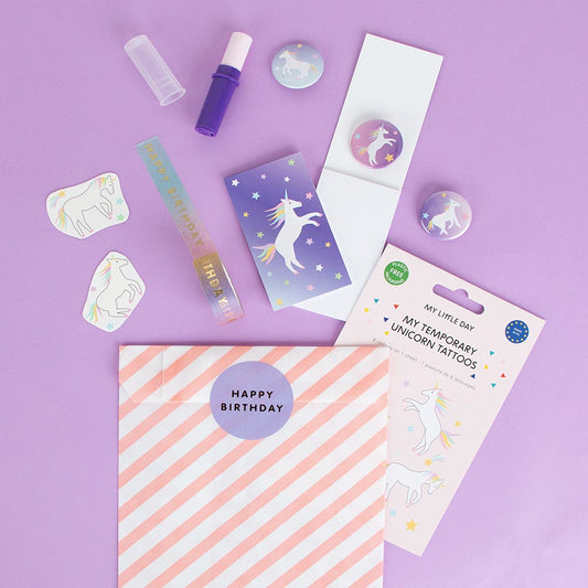 Pequeña idea de regalo para invitados: kit de bolsa sorpresa de cumpleaños de unicornio