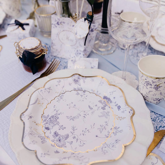 8 platos de toile de jouy para decoración de mesa de boda vintage