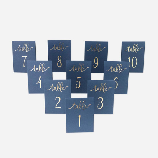 Navy blue and gold table marker for wedding tables numbers 1 to 10