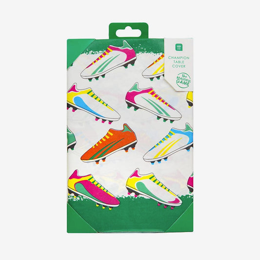 Decoration de table anniversaire garcon : nappe en papier foot colorée