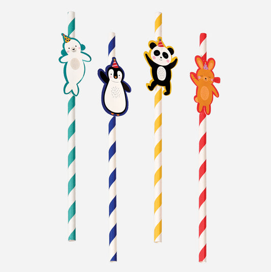 Fiesta de cumpleaños infantil: pajitas de rayas de colores con animales