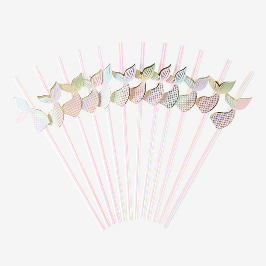 12 pailles en papier queue de sirene iridescente pour anniversaire