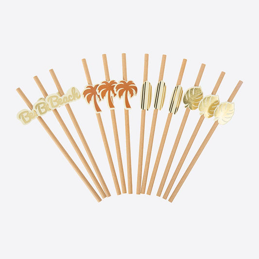 party decoration: straws with surf decorations, beach themed palm tree