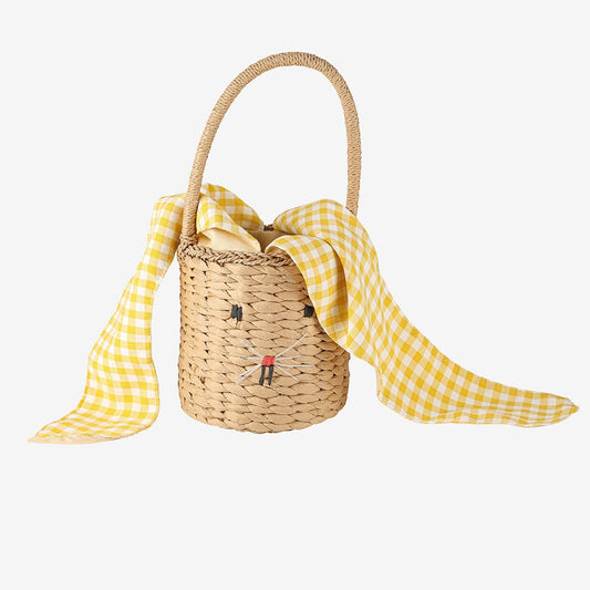 Panier tete lapin en osier vichy jaune pour chasse aux oeufs paques