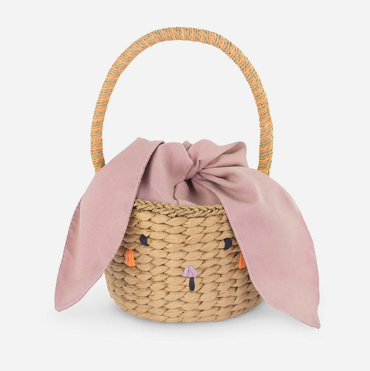 Panier en osier tête de lapin rose pour chasse aux oeufs Pâques