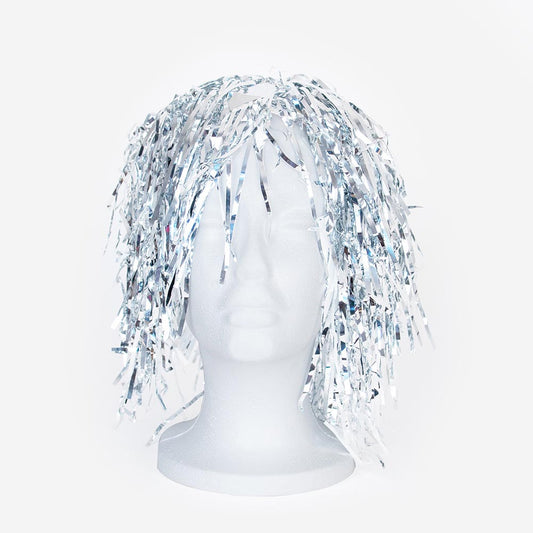Evening costume accessory: a silver mylar wig