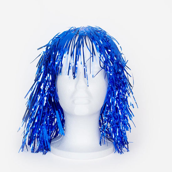 Evening costume accessory: a blue mylar wig
