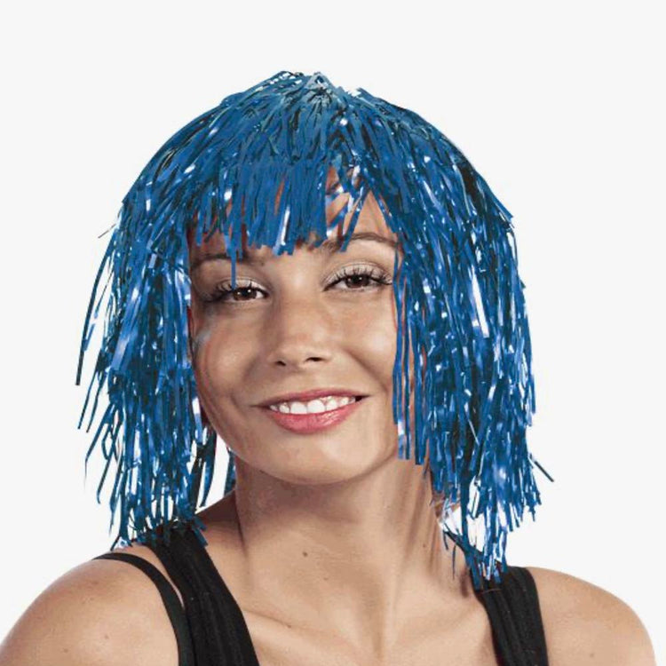 Fancy dress party: blue metallic wig with fringe