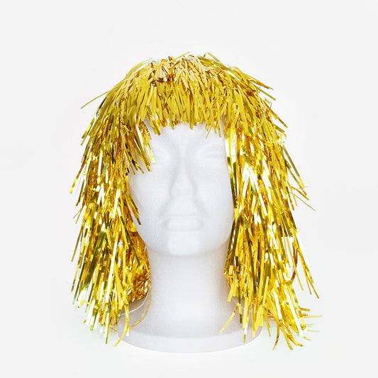 Accessorio per il costume da sera: una parrucca in mylar dorato