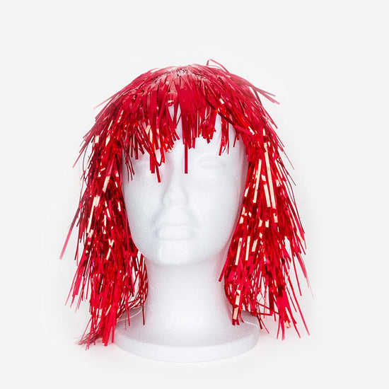 Evening costume accessory: a red mylar wig