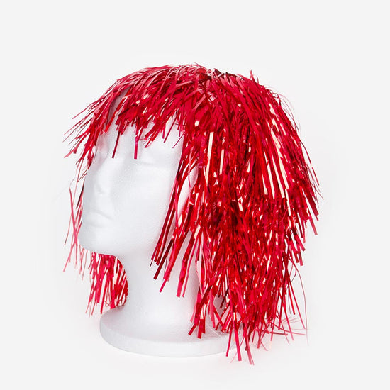 Peluca roja metalizada: accesorio de disfraz de fiesta, evjf, año nuevo