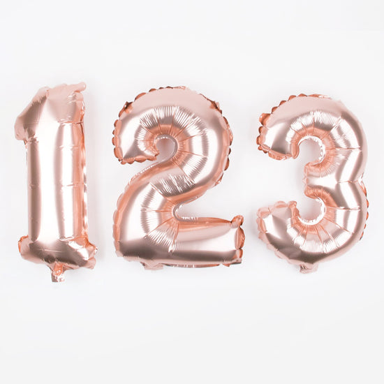 Ballons chiffre aluminium or rose pour decoration anniversaire fille.