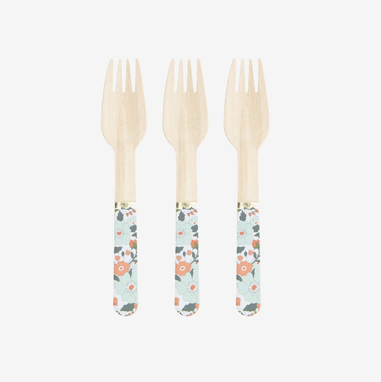 Vaisselle réutilisable : 8 petites fourchettes en bois motif liberty