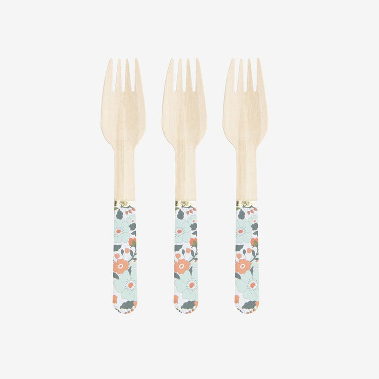 Vaisselle réutilisable : 8 petites fourchettes en bois motif liberty