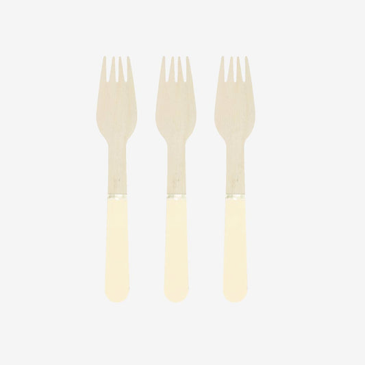 Vaisselle réutilisable : 8 petites fourchettes en bois jaune pastel