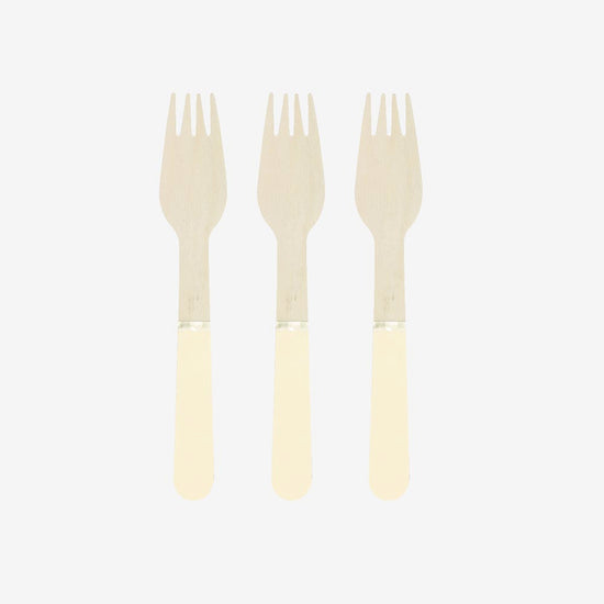 Vaisselle réutilisable : 8 petites fourchettes en bois jaune pastel