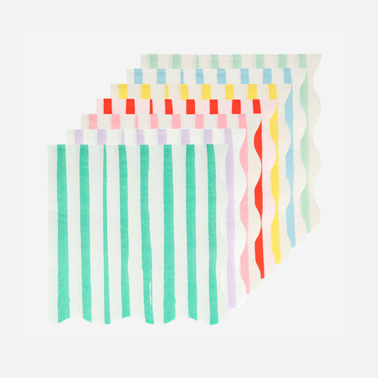 16 serviettes rayures multicolores pour table d'anniversaire coloré