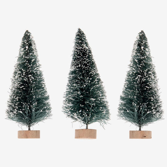 Snowy fir figurines for Christmas table decoration, fireplace decoration