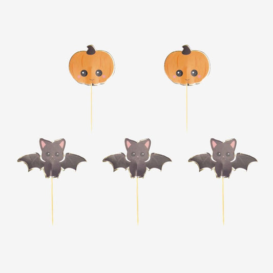 Cute pumpkin and bat picks for child Halloween cake decoration
