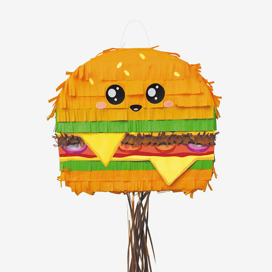 Decoración cumpleaños infantil: piñata colorida hamburguesa divertida