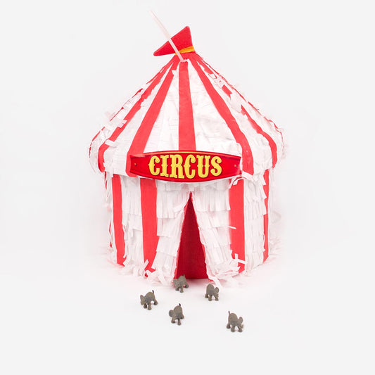 Decoración de cumpleaños infantil de circo: carpa de piñata y mini elefantes