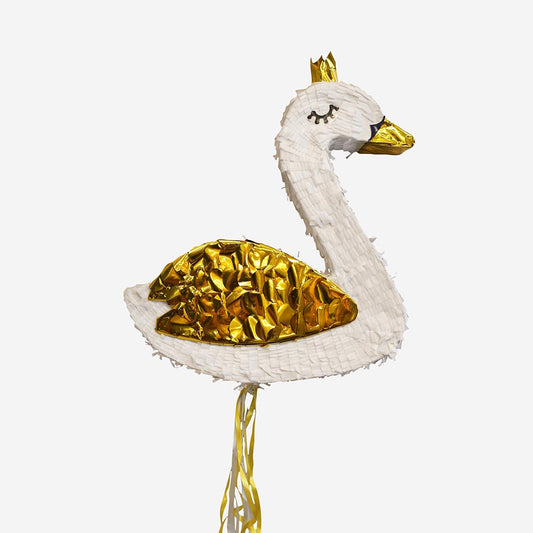 Piñata de cisne dorado para animación y decoración de cumpleaños de bailarina.