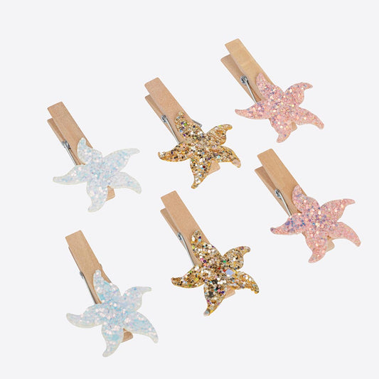 Mini pinzas de ropa de estrella de mar con purpurina para decoración de cumpleaños de sirena