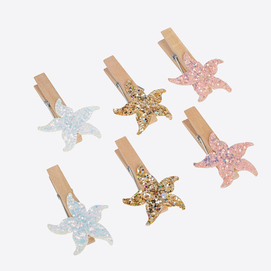 Mini pinces à linge étoiles de mer à paillettes pour déco aniversaire sirène