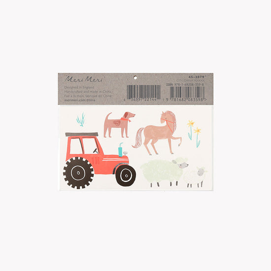 2 planches de tatouages thème ferme : tracteur, cheval, chien, moutons, fleurs