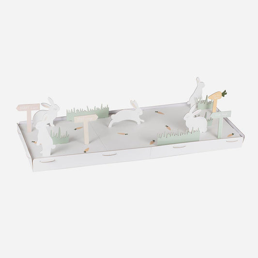Decoration de table paques originale : plateau pâturage petits lapins