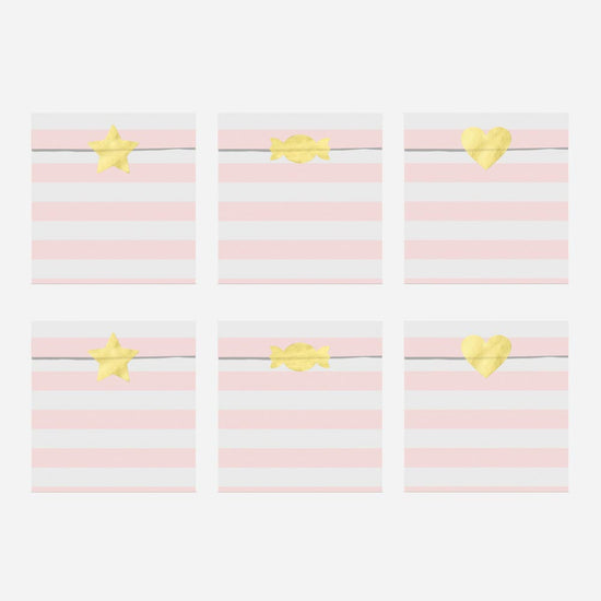 Pochettes rayures roses et stickers dorés motif étoiles, coeurs et bonbons