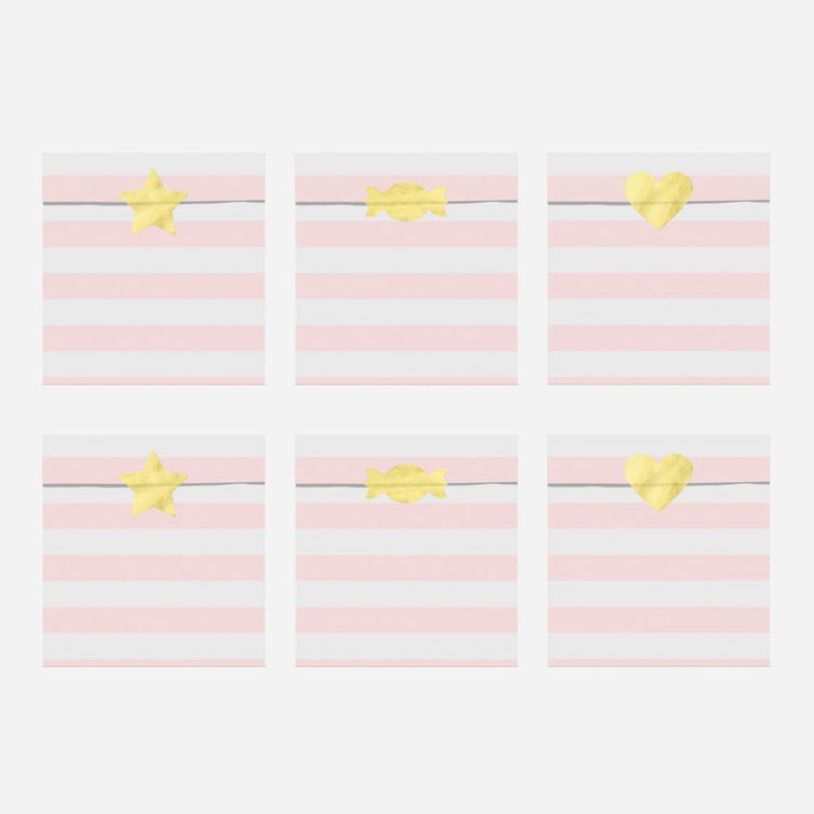 Pochettes rayures roses et stickers dorés motif étoiles, coeurs et bonbons