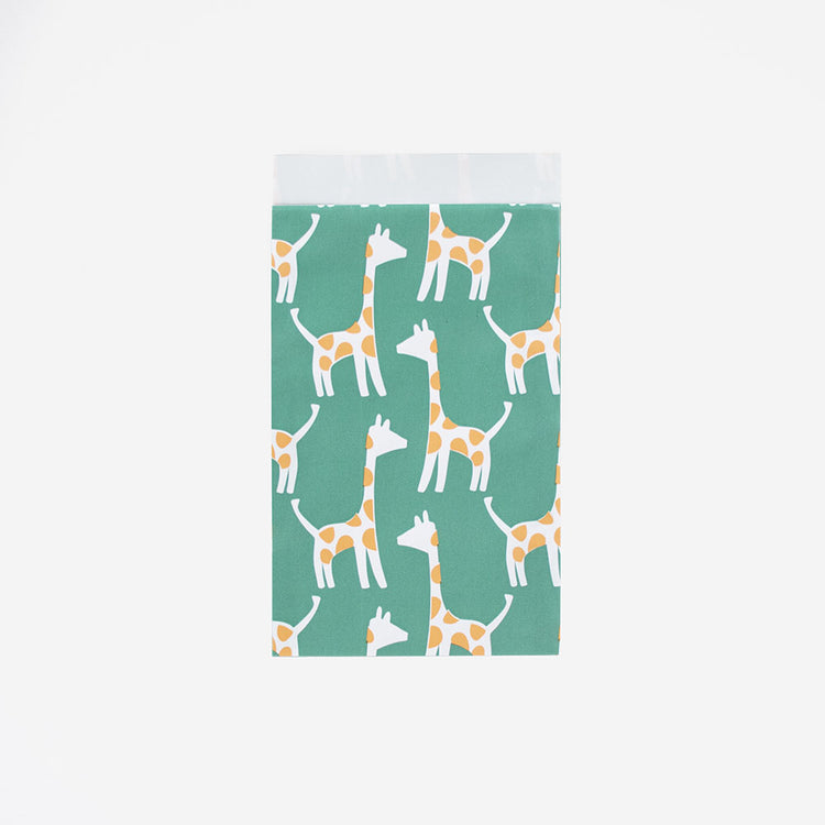 1 pochette verte avec giraphes pour emballages cadeaux enfant thème safari 