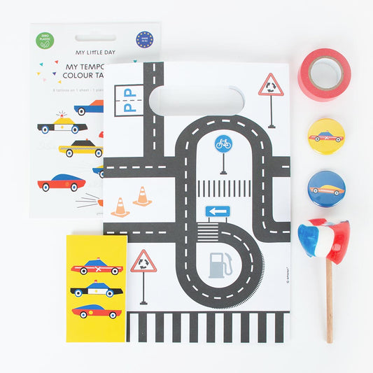 Surprise bag kit to offer for a car-themed child's birthday