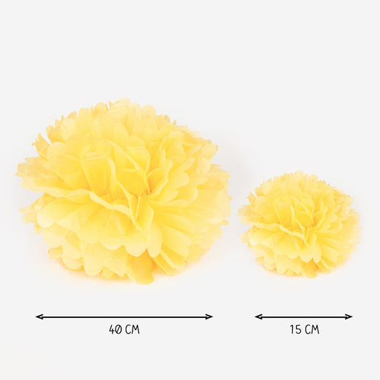 Pompons en satin jaune 15 cm ou 40 cm pour décoration de fête