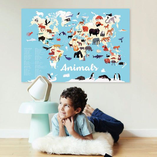 Poster du monde et ses animaux à coller et décoller à l'infini idée cadeau enfant