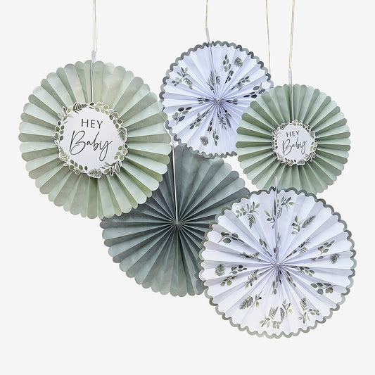 5 Hey baby sage paper rosettes to hang for baby shower decoration