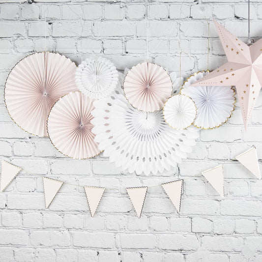 Decorations in pastel pink and white paper: baby shower decoration, girl's birthday