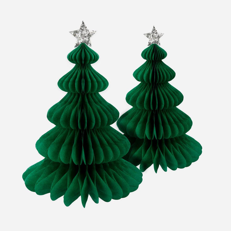 Christmas table: 2 large green honeycomb trees with silver star