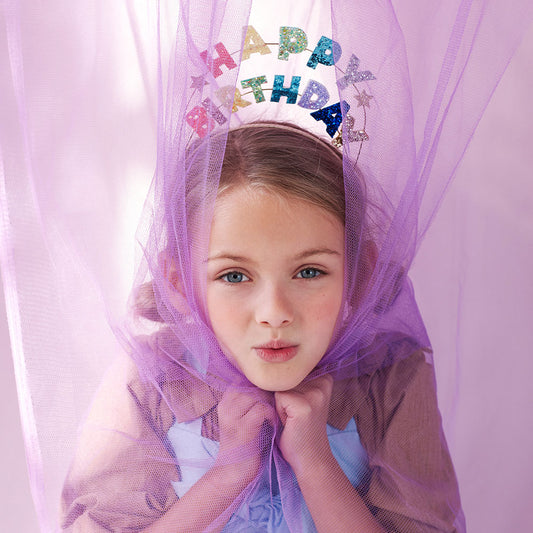 Accessoire anniversaire fille : serre tête Happy Birthday glitetr 