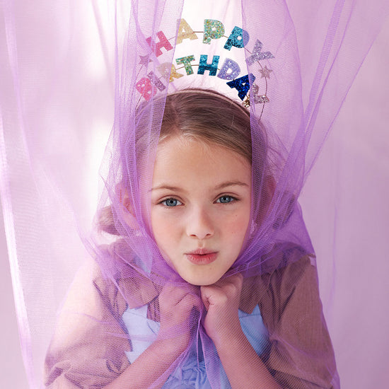 Accessoire anniversaire fille : serre tête Happy Birthday glitetr 