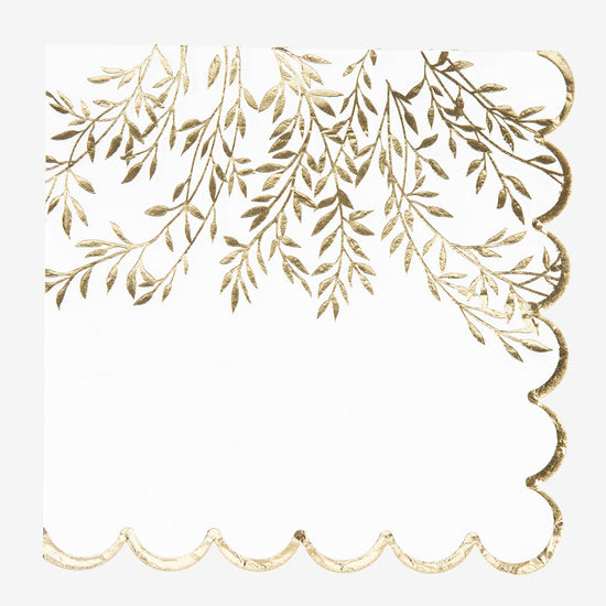 16 serviettes motif brins dorés pour decoration de table bapteme chic