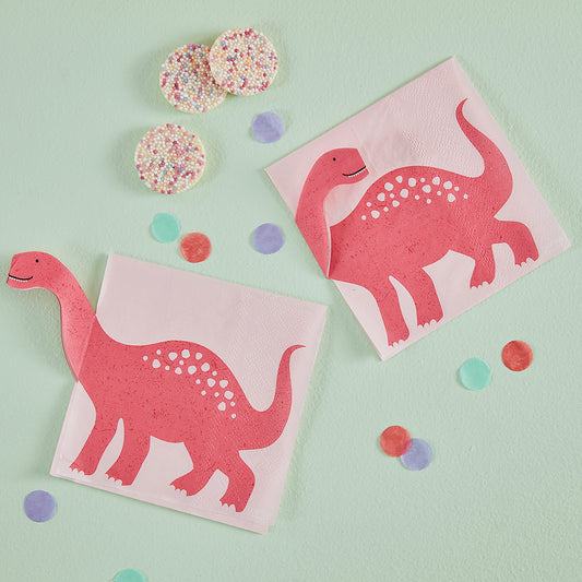 Décoration d'anniversaire dino pour fille : serviettes dinosaure rose