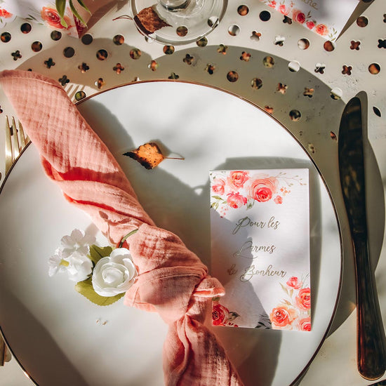 Déco mariage fleuri : 4 serviettes en gaze de coton couleur rose vieux