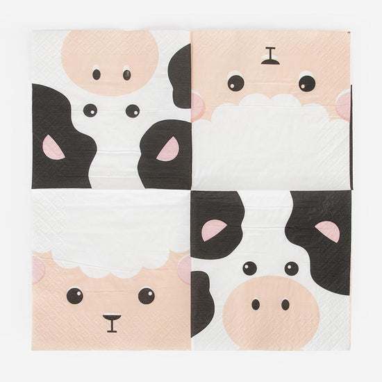 Anniversaire animaux de la ferme : serviettes en papier vache et mouton