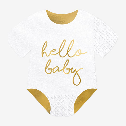 Serviettes forme body blanches et doré hello baby pour deco baby shower