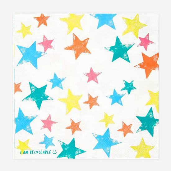 Serviettes en papier blanches recyclables aux étoiles multicolores
