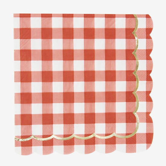 16 red gingham scalloped paper napkins for birthday party, picnic or festival