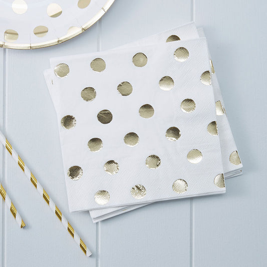 Serviettes en papier blanches à pois dorés parfaites pour dîner de mariage
